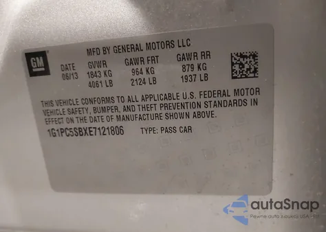 2014 Chevrolet Cruze 1Lt Auto z USA, uszkodzony, nr VIN 1G1PC5SBXE7121806